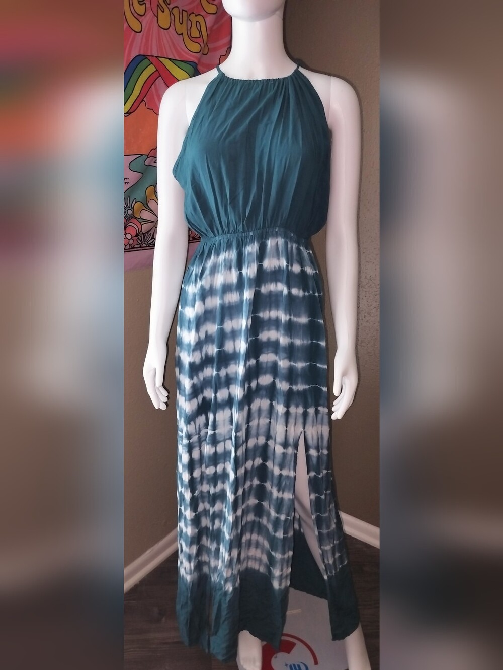 She + Sky Teal and White Tie-Dye Halter Maxi Dress Sz L